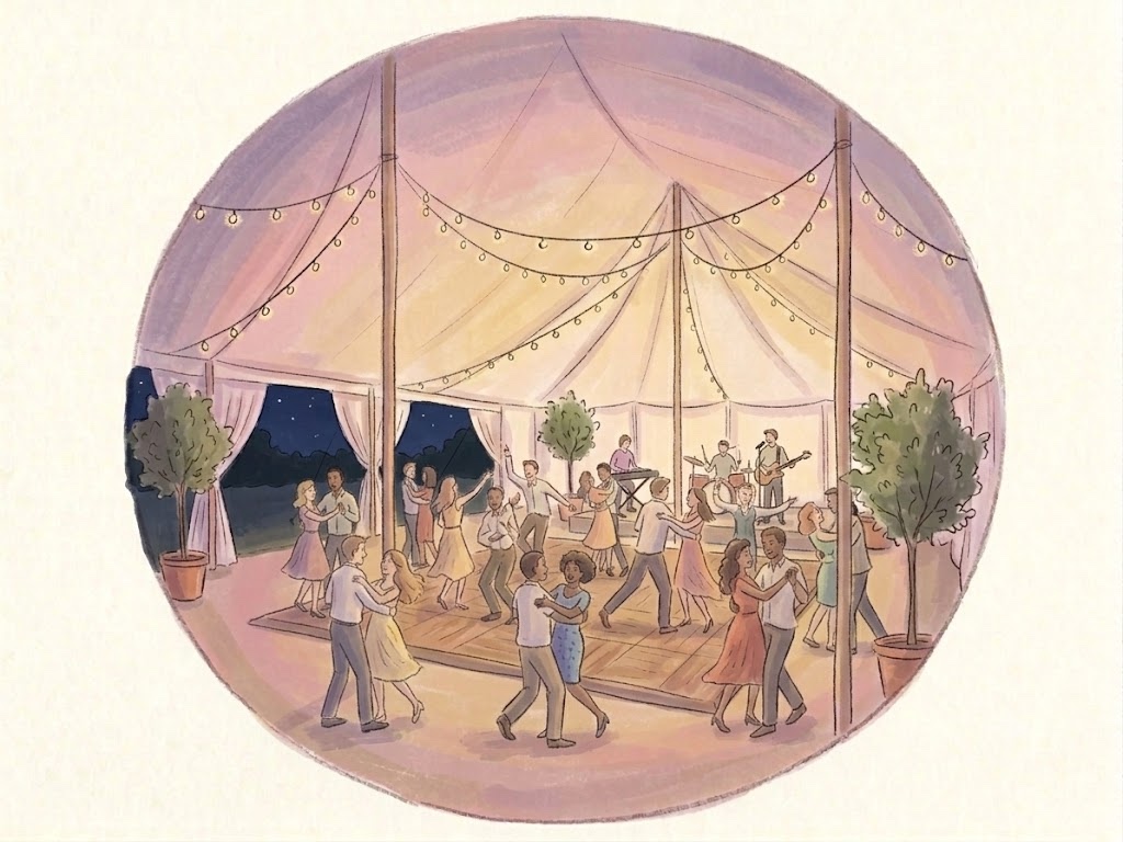 A drawing of the dance floor under the marquee lights at night
